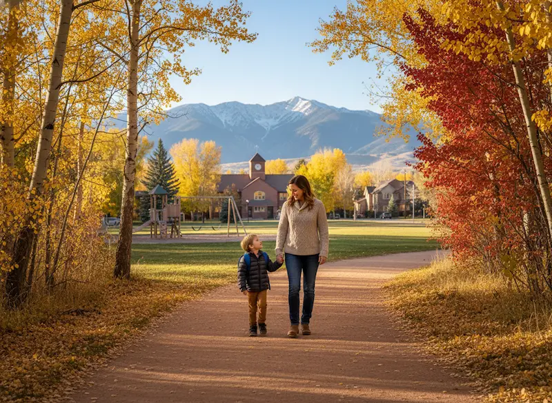 Mother walking with child in Denver county with her legal battles behind her after a successful resolution