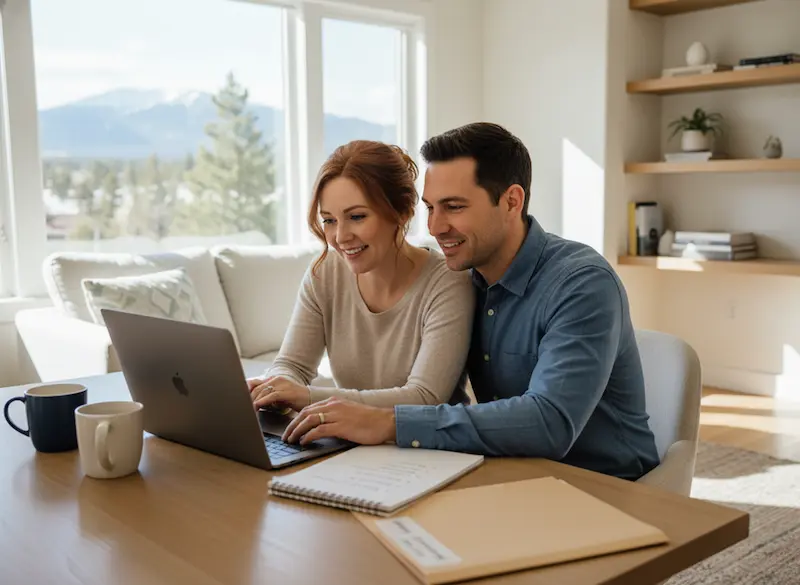 Couple reviewing spousal support documents relating to cohabitation agreements and financial assets