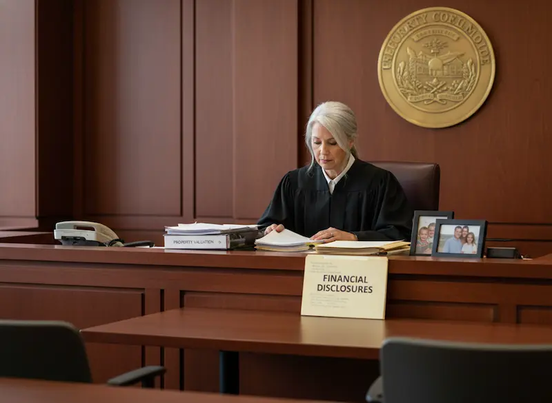 Judge in court helping to determine the divide marital property equitably in a Colorado divorce